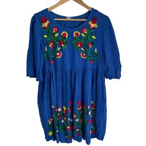 Riviera Sun Vibrant Blue Tunic dress with Floral Embroidery With Pockets Size XL
